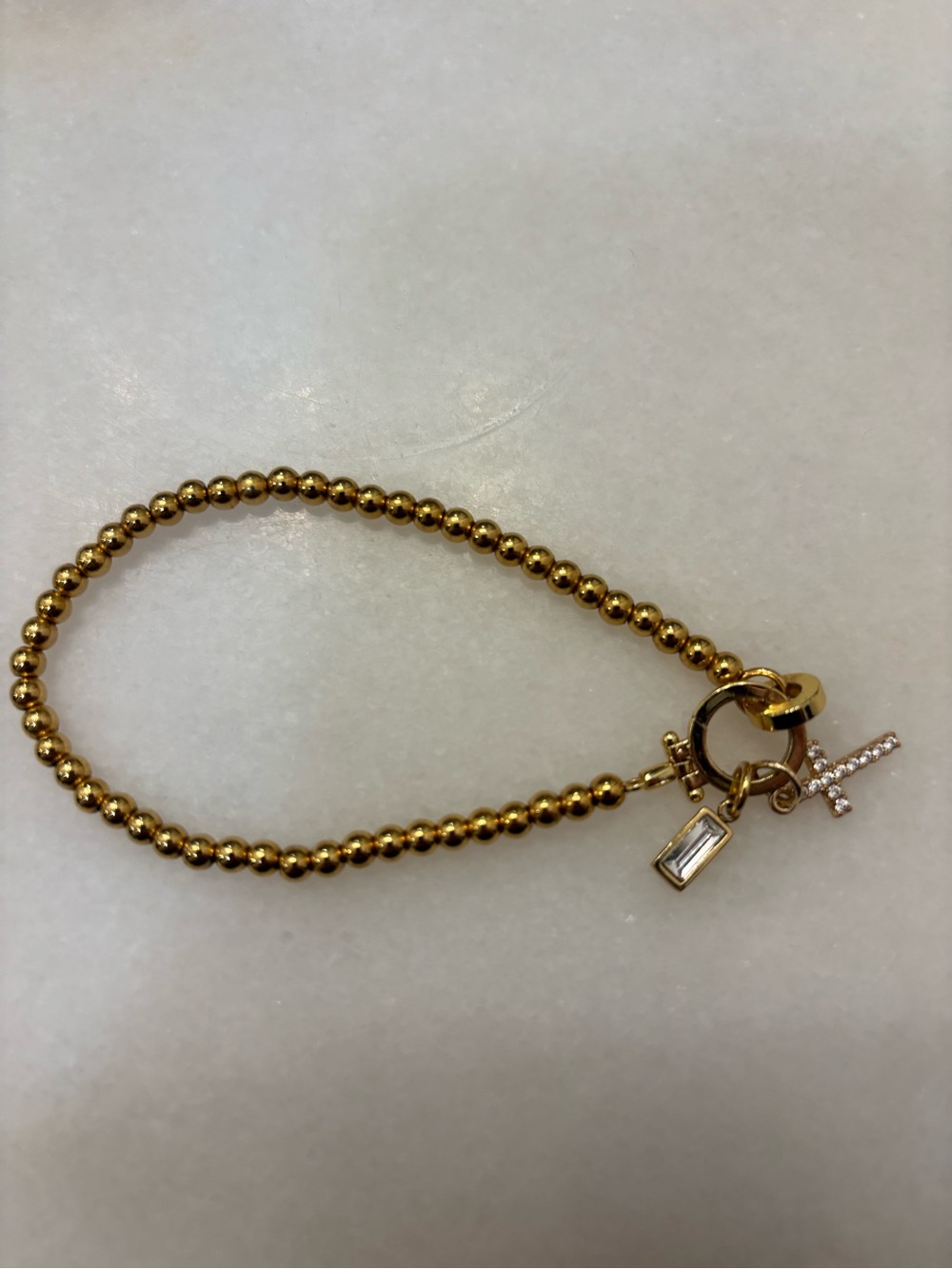 Gold Bead Bracelet with Cross & Baguette Charm - Picture 2 of 2